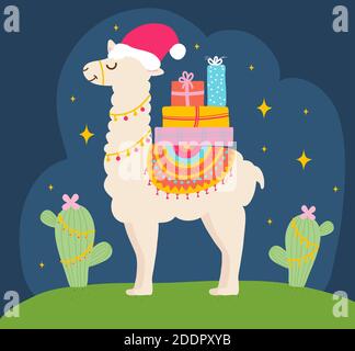Fumetto natalizio peruviano lama alpaca grafica vettoriale. Animale con il perù colorato capo sulla parte posteriore e alcuni regali con nastri. Cactus verde con pi Illustrazione Vettoriale