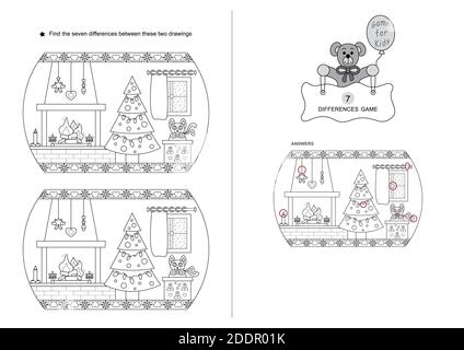 Il gioco di sette differenze. Gioco per bambini. Tema di Natale. Bianco e nero. Lingua inglese. Illustrazione Vettoriale