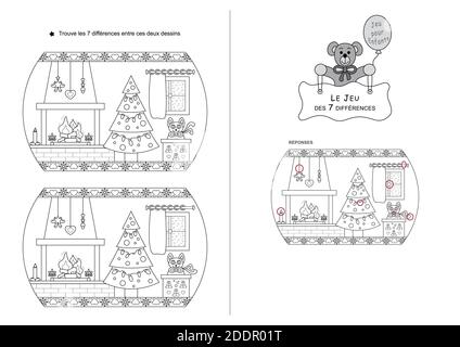 Il gioco di sette differenze. Gioco per bambini. Tema di Natale. Bianco e nero. Lingua francese. Illustrazione Vettoriale