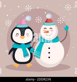 pinguino e cartone animato pupazzo di neve con allegro cappello di natale  vettore design Immagine e Vettoriale - Alamy