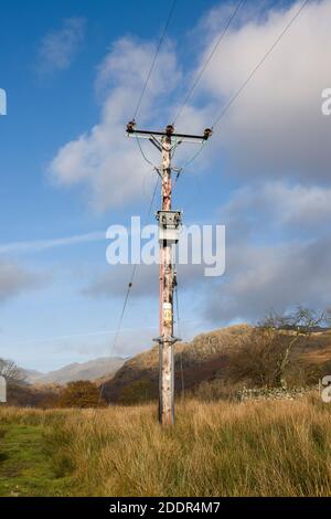 Un trasformatore step-down montato su palo alla fine di una serie di cavi sospesi trifase da 11 kv in una posizione rurale a Cumbria. Foto Stock