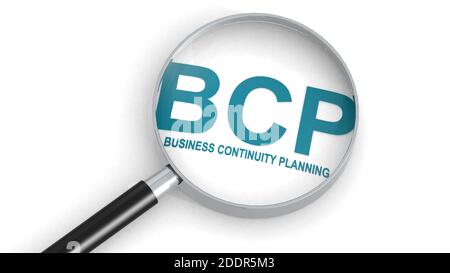 BCP, business continuity planning, word under Magnifying Glass, rendering 3d Foto Stock
