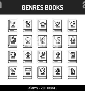 Generi di libri set di icone di linea nera. Illustrazione vettoriale Illustrazione Vettoriale