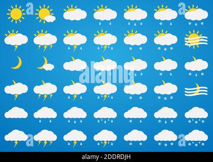 Icone meteo vettoriali impostate su sfondo blu. Sole, nuvole, pioggia, neve, nebbia, tuono, pioggia e nevicate icone isolate. Icone meteo diurne e notturne. Illustrazione Vettoriale