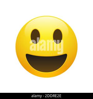 Vector Emoji viso sorridente giallo con occhi e bocca su sfondo bianco. Icona divertente Emoji. Illustrazione 3D per chat o messaggi. Illustrazione Vettoriale