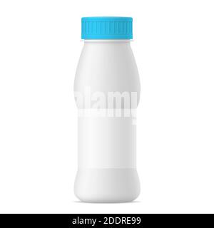 Flacone di yogurt bianco realistico Vector MAT con tappo blu ed etichetta di carta. Latte, tè, succo di frutta o crema acida su fondo bianco. 3d mock up per Illustrazione Vettoriale