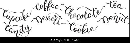 Impostare le parole scritte a mano. Cupcake, caffè, cioccolato, tè, caramelle, dessert, biscotti, ciambelle. Ripetizione senza giunture. Illustrazione vettoriale su sfondo bianco. Illustrazione Vettoriale