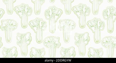 Linea sottile Celery Seamless Vector Repeat background. Botany Outline disegno vegetale. Fresco tutto ripetere. Cibo, cucina, usura cucina, grembiule, cucina, Salute. File vettoriale EPS 10 Tile. Illustrazione Vettoriale