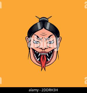 Geisha femminile giapponese con lingua serpente. Donna spaventosa urlante. Simbolo mitologico cinese o asiatico per tatuaggio o etichetta. Linea tracciata a mano incisa Illustrazione Vettoriale