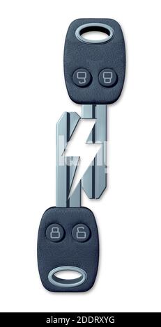 Simbolo dell'auto elettrica e icona di ricarica EV per il trasporto di energia rinnovabile con chiavi automatiche a forma di elettricità come rendering 3D. Foto Stock