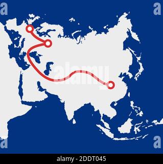 La nuova strada della seta - collegamento e trasporto tra la Cina e l'Europa. Mappa di Eurasia con marcata infrastruttura commerciale di strada e ferrovia per tr Foto Stock