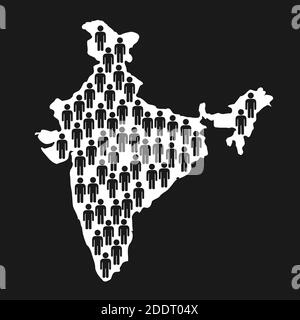 Silhouette dell'India con il simbolo dell'uomo. Sovrappopolazione umana nello stato indiano - zona affollata, tasso di natalità incontrollato, catastrofe umanitaria, incupiscenza Foto Stock