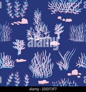 coralli blu, rosa su sfondo blu. Modello vettoriale senza giunture con barriera corallina tropicale. Illustrazione Vettoriale