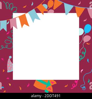 Vettore felice compleanno sfondo. Dolci di compleanno disegnati a mano, soffianti di festa, cappelli di festa, scatole di regalo e archi, ghirlande e palloncini, note musicali e. Illustrazione Vettoriale