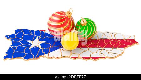 Mappa portoricana con palline di Natale colorate. Concetto di Capodanno e festività natalizie, rendering 3D isolato su sfondo bianco Foto Stock