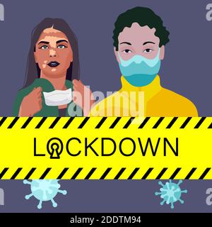 Persone vitiligine in maschere su sfondo grigio. Lockdown poster per banner o propaganda sociale, promozione igiene, poster medico. Logo del negozio chimico o in Illustrazione Vettoriale