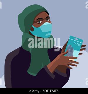 Donna nera con guanti medici su sfondo grigio. Donna africana in maschera per banner o propaganda sociale, promozione dell'igiene, poster medico. Scad. Chimico Illustrazione Vettoriale