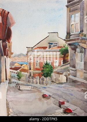 Vecchia strada nel quartiere di Beyoglu vicino alla torre Galata, Istanbul, Turchia , originale dipinto ad acquerello Foto Stock