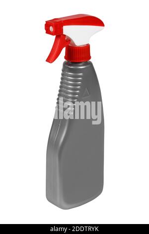 Un flacone spray grigio. Pistola spray plastica. Contenitore grigio senza etichetta con spazio per il testo. Contenitore per prodotti per la pulizia domestica, per la cura dell'auto Foto Stock