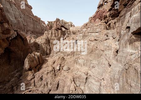 Dallol zolfo o zolfo sorgenti e piscine e formazioni rocciose nella depressione Danakil in Afar, Etiopia Foto Stock