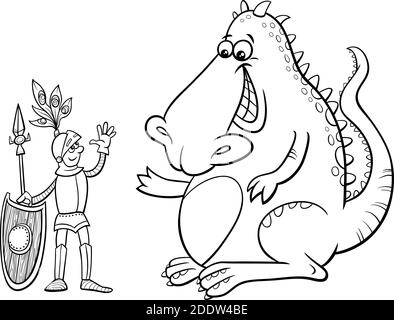 Fumetto bianco e nero umoristico illustrazione di drago e cavaliere avere una amichevole parlare colorando pagina del libro Illustrazione Vettoriale