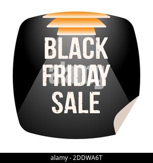 Etichetta adesiva in vendita Black Friday isolata su bianco con testo, lampada lampada proiettore raggi di illuminazione, design retro piatto, moder stylization Foto Stock