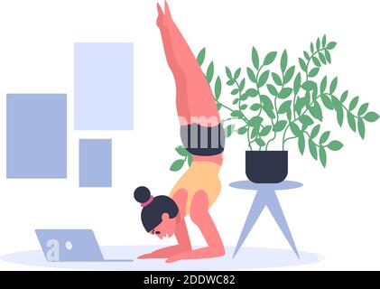 Donna che pratica yoga a casa con computer portatile sul pavimento. Giovane ragazza che fa esercizi sportivi in abbigliamento sportivo e di lavoro Illustrazione Vettoriale