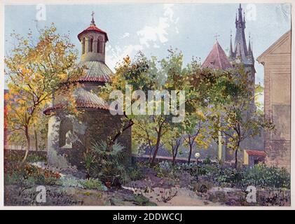Rotonda romanica di San Longino (Rotunda svatého Longina) a Nové Město (Città Nuova) a Praga raffigurata nel dipinto ad acquerello del pittore ceco Václav Jansa (1899) dal suo ciclo Praga Vecchia (Stará Praha) Ordinato dal magistrato di Praga e pubblicato all'inizio del XX secolo dall'editore ceco Bedřich Kočí. La Chiesa di Santo Stefano (Kostel svatého Štěpána) è vista sullo sfondo. Foto Stock