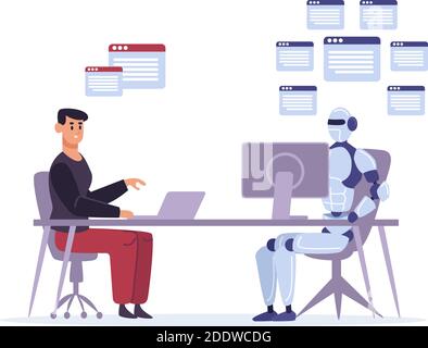 Robot contro l'uomo al lavoro. Multitasking intelligenza artificiale che svolge attività al computer. Ai in competizione con l'uomo Illustrazione Vettoriale