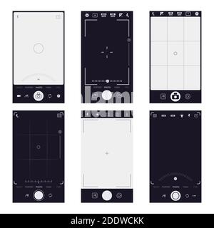 Interfaccia mirino mobile. Foto e video con fotocamera dello smartphone, visualizzazione delle istantanee del telefono. Illustrazioni vettoriali per applicazioni video e fotografiche mobili Illustrazione Vettoriale