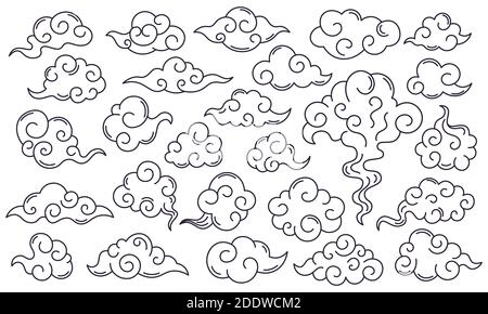 Nuvole decorative asiatiche. Nuvole del cielo del giappone Orientale, decorazione tradizionale cinese del doodle. Set di simboli vettoriali tradizionali delle nuvole asiatiche Illustrazione Vettoriale