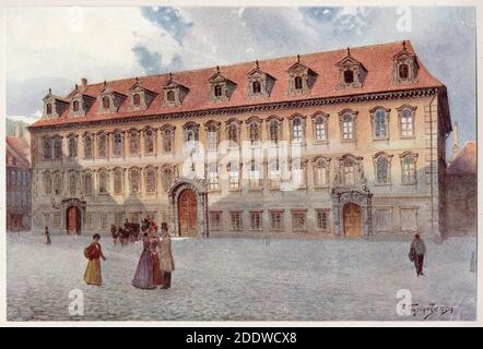 Palazzo Wallenstein (Valdštejnský palác) a Malá Strana (Václav piccola) a Praga, dipinto ad acquerello dal pittore ceco Stará Jansa datato alla fine del XIX secolo dal suo ciclo Praga Vecchia (  Praha) Ordinato dal magistrato di Praga e pubblicato all'inizio del XX secolo dall'editore ceco Bedřich Kočí. Foto Stock