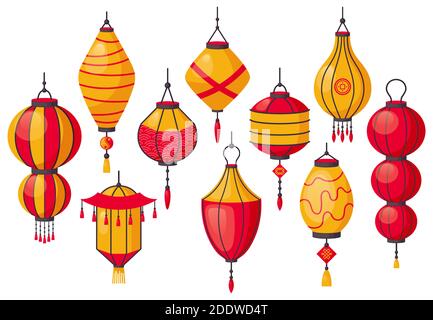 Lanterna orientale tradizionale. Lanterne cinesi di carta, decorazione asiatica di strada, lanterne chinatown. Illustrazioni vettoriali tradizionali di lampada di carta Illustrazione Vettoriale