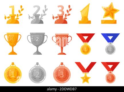 Medaglie e coppe di trofei. Oro, argento, premi bronzo, conquista del concorso, primo, secondo, terzo posto vincitore simboli vettoriali set Illustrazione Vettoriale