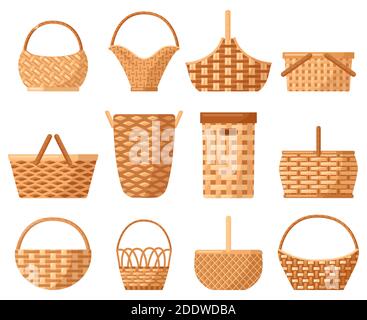 Cesto decorativo in vimini. Cestino di salice da picnic tradizionale con manico, cestini per cene all'aperto. Set di illustrazioni vettoriali per martelli di vimini Illustrazione Vettoriale