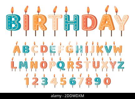 Candele alfabeto di compleanno. Candele di compleanno lettere ABC e numeri, alfabeto carino per torta di compleanno. Set di simboli vettoriali font candele di compleanno Illustrazione Vettoriale