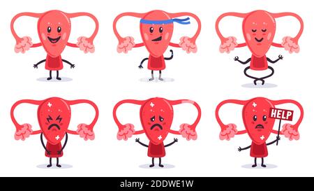 Carino caratteri utero. Donne sane e malate utero mascotte organo. Personaggi femminili del sistema riproduttivo con illustrazioni vettoriali di emozioni facciali Illustrazione Vettoriale