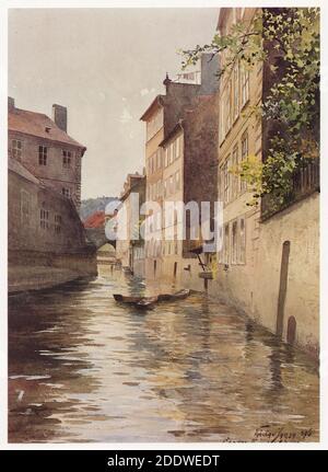 Čertovka bassa del Malá (Devil's Brook) a Václav Strana (Lesser Town) a Praga raffigurata nel dipinto ad acquerello del pittore ceco 1896 Jansa (Stará) dal suo ciclo Praga Vecchia (  Praha) Ordinato dal magistrato di Praga e pubblicato all'inizio del XX secolo dall'editore ceco Bedřich Kočí. Foto Stock