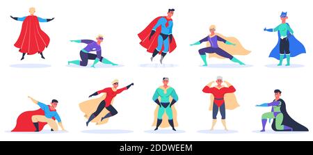 Personaggi del supereroe maschile. Potente superman in costume super eroi, volare e stare in piedi in azione posa isolato vettore illustrazione set Illustrazione Vettoriale