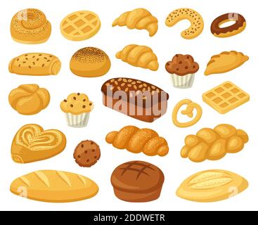 Cibo da forno Cartoon. Prodotti di pasticceria, pane, baguette francese e croissant. Panificio grano intero e prodotti di grano insieme di illustrazione vettoriale Illustrazione Vettoriale