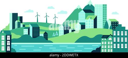 Paesaggio urbano ecologico della città con edifici, colline e montagne. Approvvigionamento energetico sostenibile con mulini a vento Illustrazione Vettoriale