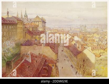 Vista di Praga da Úvoz Street a Malá Strana (piccola città) a Praga raffigurata nel dipinto ad acquerello del pittore ceco Václav Jansa datato alla fine del XIX secolo dal suo ciclo Praga Vecchia (Stará Praha) Ordinato dal magistrato di Praga e pubblicato all'inizio del XX secolo dall'editore ceco Bedřich Kočí. Foto Stock