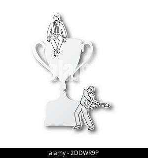 Vettore illustrazione linea nera mano disegnata di uomo d'affari taglio trofeo del suo amico su carta tagliata con ombra isolata sopra sfondo bianco Illustrazione Vettoriale