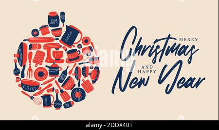 Buon tema culinario di natale. Gli utensili da cucina sono disposti a forma di palla di Natale. Illustrazione vettoriale di una carta vacanza in doodle st Illustrazione Vettoriale