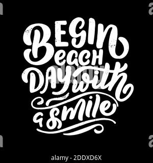 Iscrizione - inizia ogni giorno con un sorriso - lettere bianche su sfondo nero, grafica vettoriale. Per cartoline, poster, stampe di t-shirt, notebook Illustrazione Vettoriale