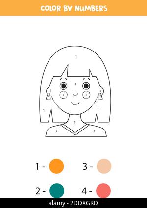 Pagina da colorare con la ragazza del cartone animato. Colore per numeri. Gioco di matematica educativa per bambini. Illustrazione Vettoriale