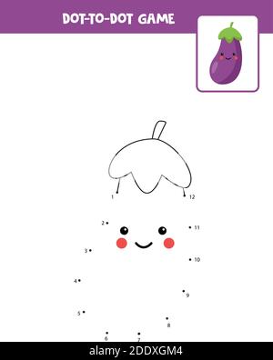 DOT to dot game con simpatico melanzana kawaii. Collegare i punti. Gioco di matematica. Immagine a punti e a colori. Illustrazione Vettoriale