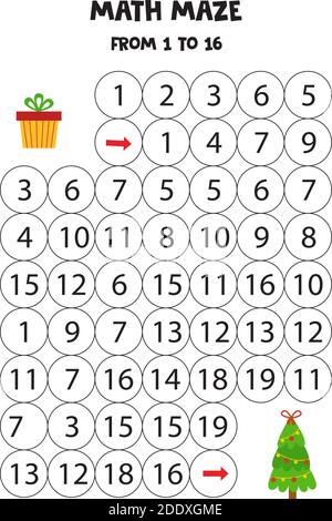 Labirinto matematico con albero di Natale e scatola presente. Foglio di lavoro didattico. Contare da 1 a 16. Illustrazione Vettoriale