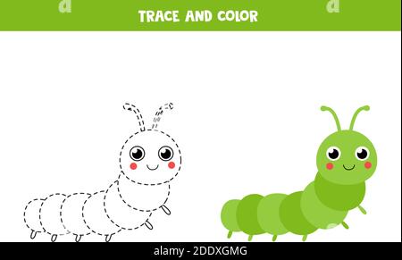 Traccia e colore cute caterpillar. Gioco educativo per i bambini. Pratica di scrittura a mano. Illustrazione Vettoriale