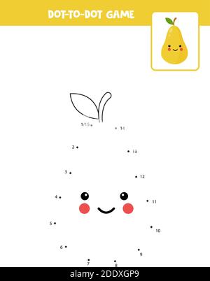 Gioco punto a punto con kawaii cartoon pera. Collegare i punti. Gioco di matematica. Immagine a punti e a colori. Illustrazione Vettoriale